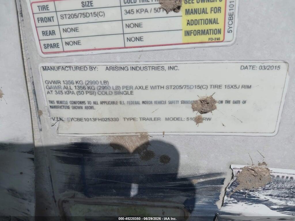 5YCBE1013FH025330 2015 ARISING CARGO TRAILER 6X10 photo no. 9
