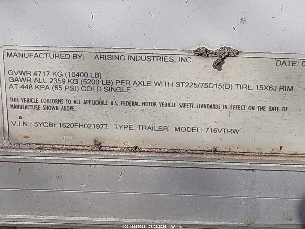 5YCBE1620FH021977 2015 ARISING INDUSTRIES 16 FT 2 AXLES photo no. 9