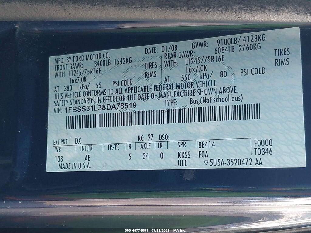 1FBSS31L38DA78519 2008 FORD E-350 SUPER DUTY photo no. 9