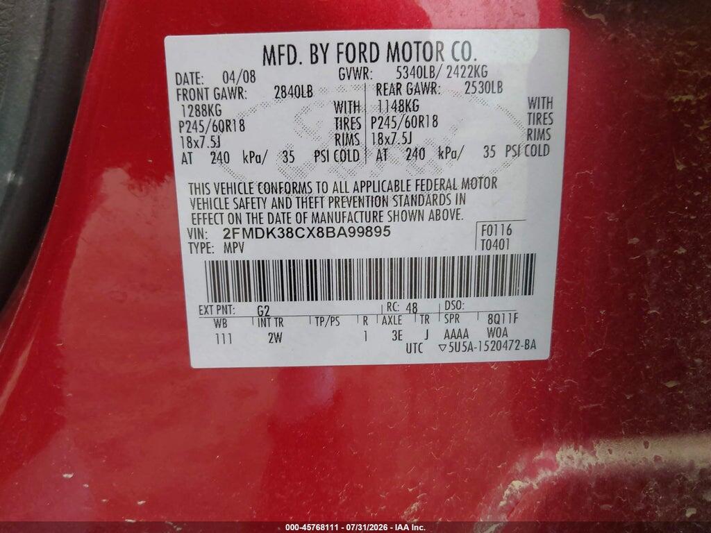 2FMDK38CX8BA99895 2008 FORD EDGE photo no. 9