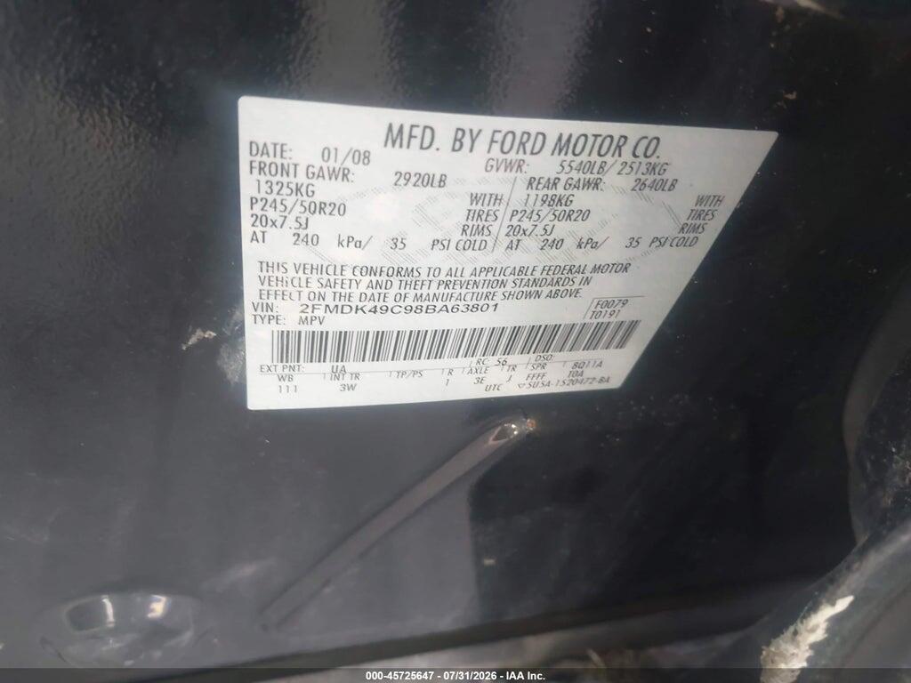 2FMDK49C98BA63801 2008 FORD EDGE photo no. 9