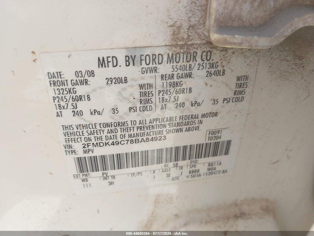 2FMDK49C78BA84923 2008 FORD EDGE photo no. 9