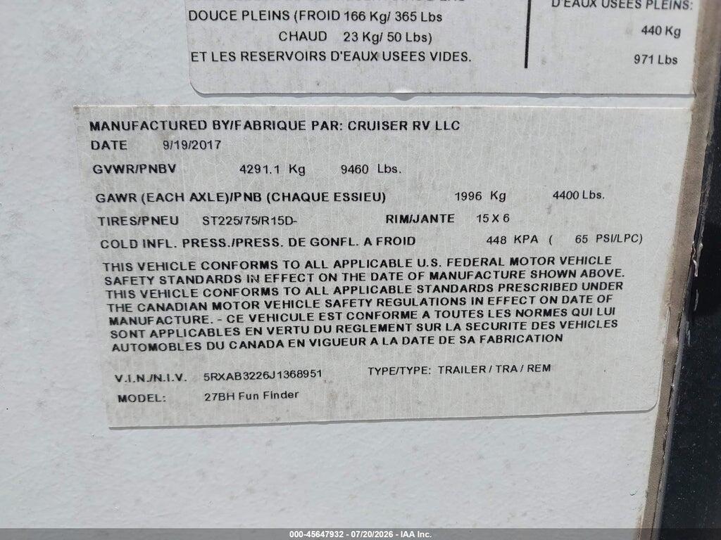 5RXAB3226J1368951 2018 CRUISER FUN FINDER 27VH photo no. 9