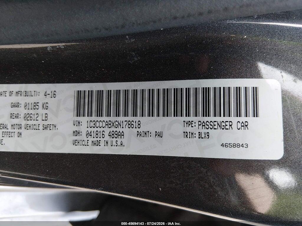 1C3CCCABXGN178618 2016 CHRYSLER 200 photo no. 9