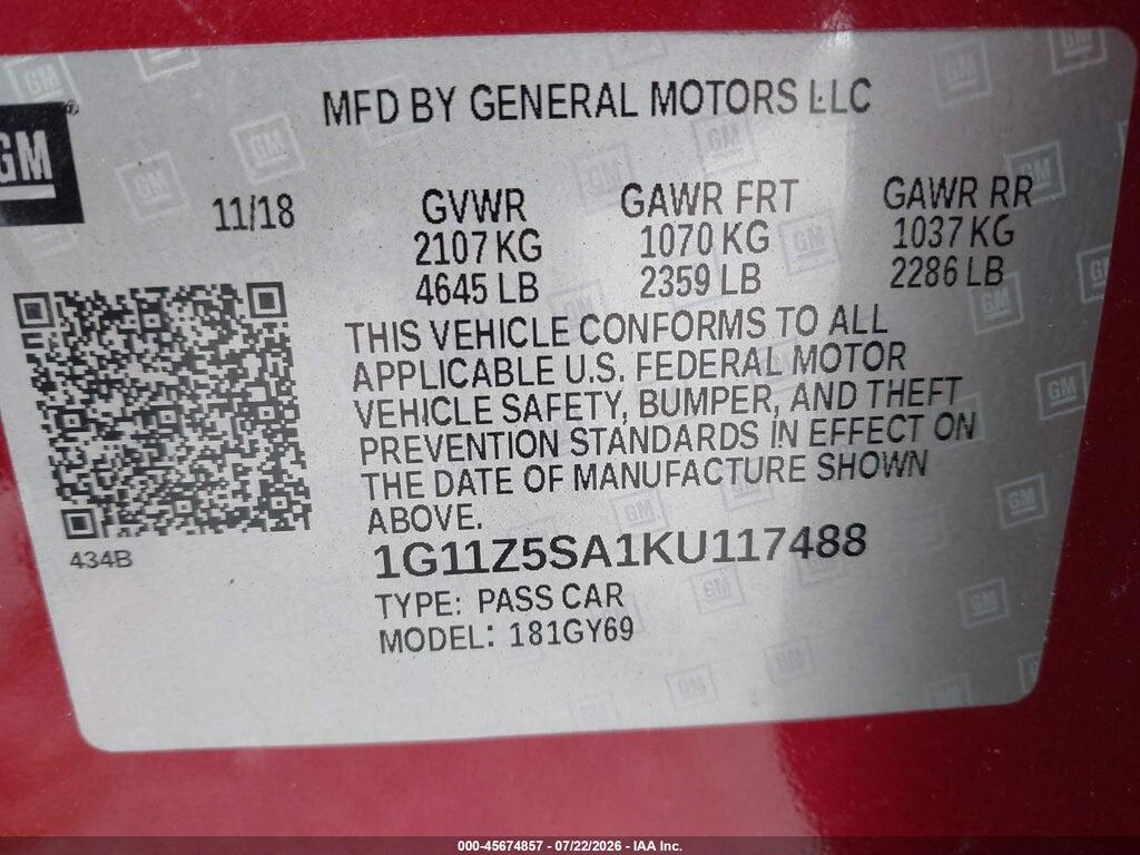 1G11Z5SA1KU117488 2019 CHEVROLET IMPALA photo no. 9