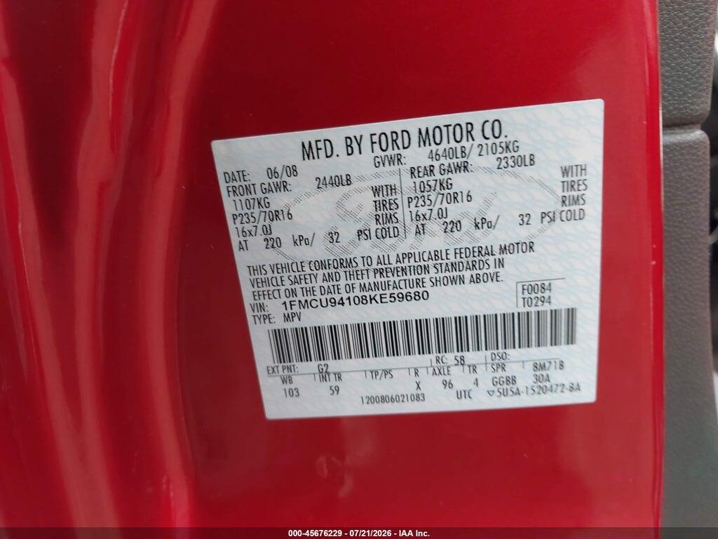1FMCU94108KE59680 2008 FORD ESCAPE photo no. 9