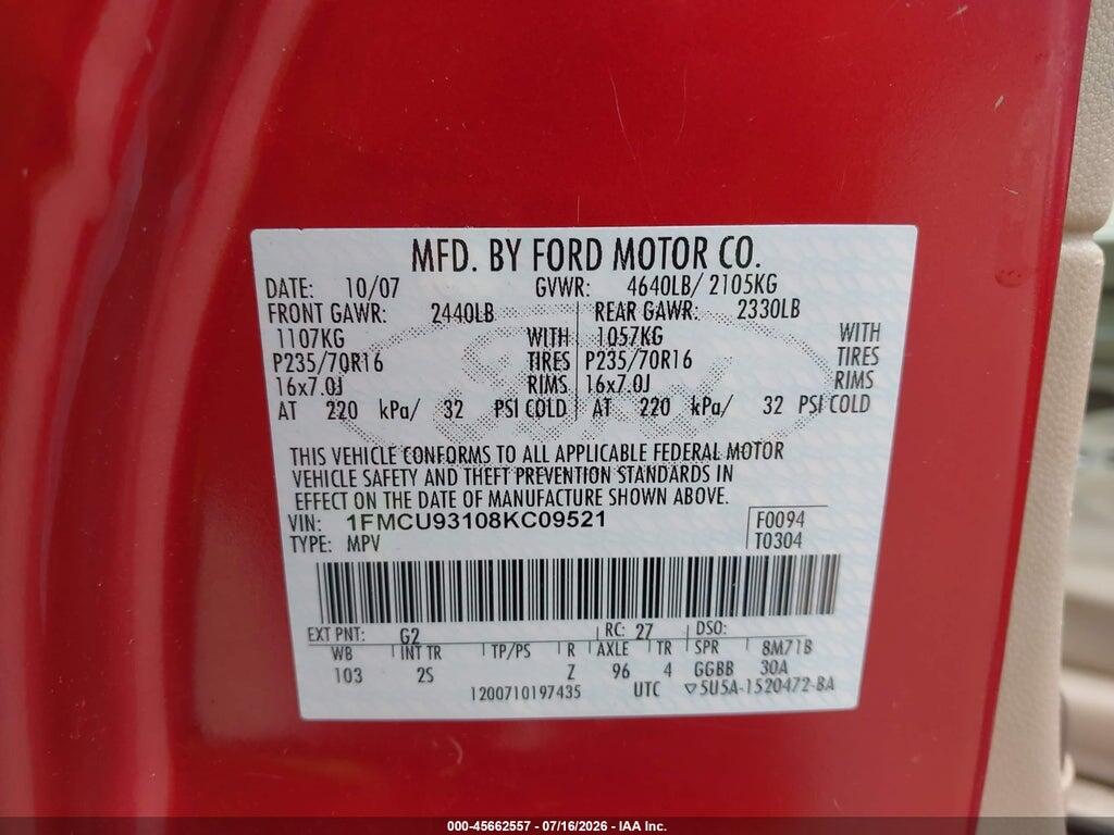 1FMCU93108KC09521 2008 FORD ESCAPE photo no. 9