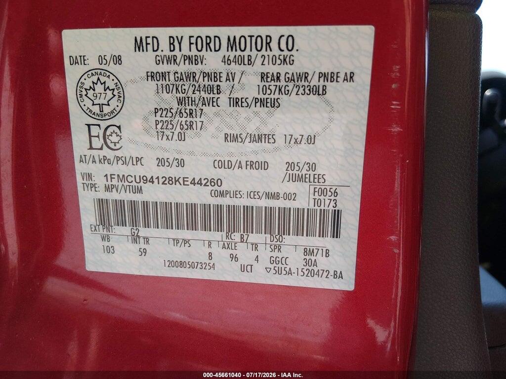 1FMCU94128KE44260 2008 FORD ESCAPE photo no. 9