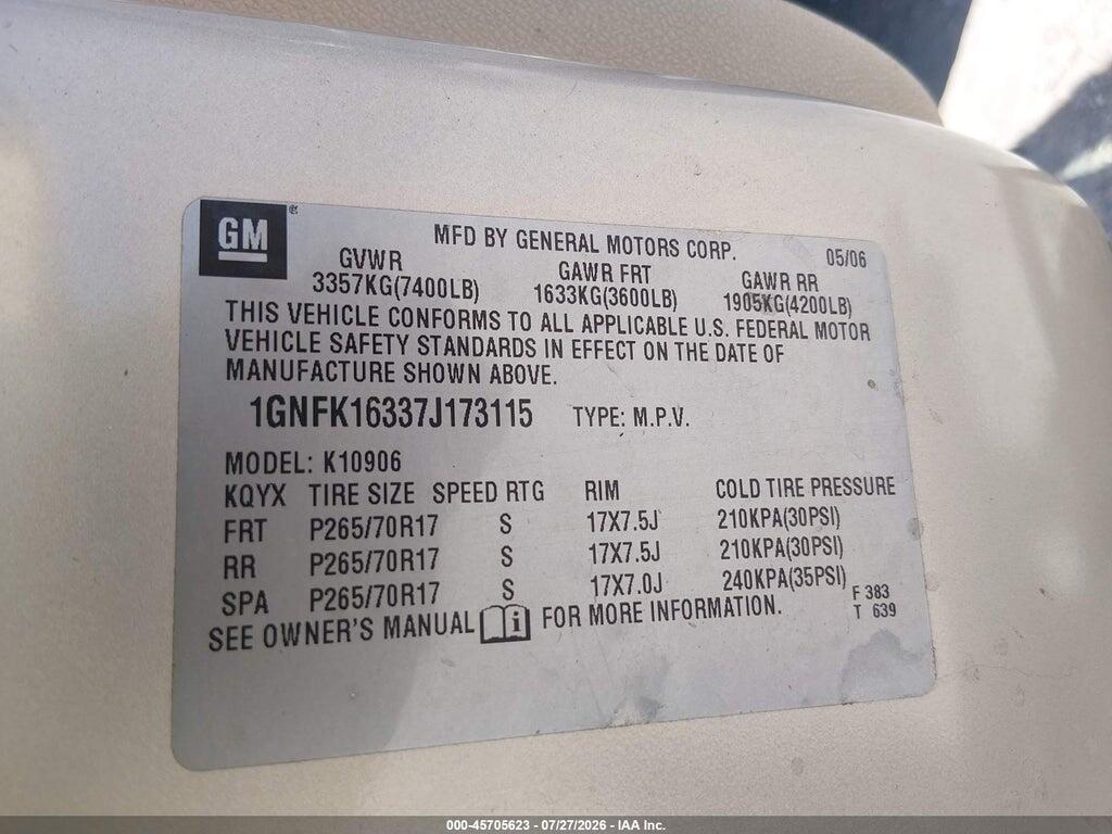 1GNFK16337J173115 2007 CHEVROLET SUBURBAN photo no. 9