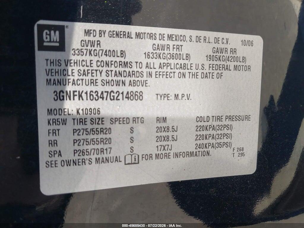 3GNFK16347G214868 2007 CHEVROLET SUBURBAN photo no. 9