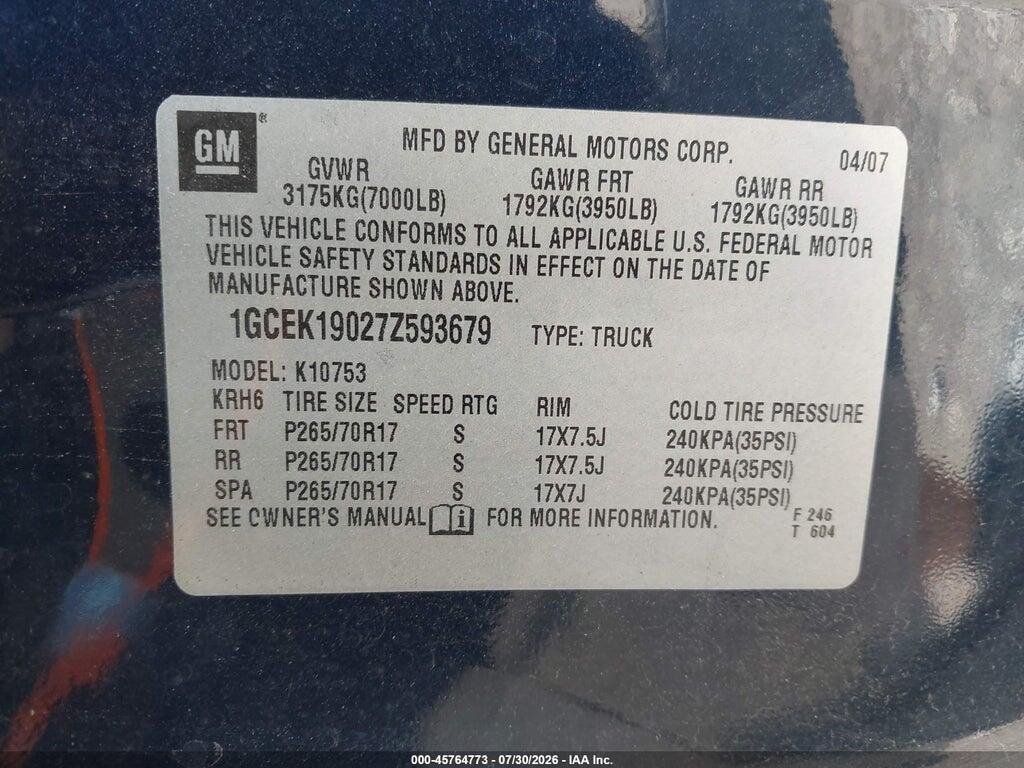 1GCEK19027Z593679 2007 CHEVROLET SILVERADO 1500 photo no. 9
