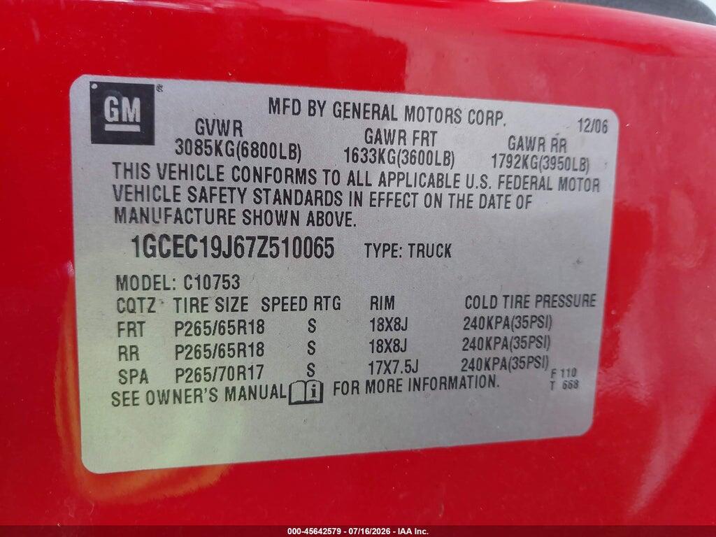 1GCEC19J67Z510065 2007 CHEVROLET SILVERADO 1500 photo no. 9