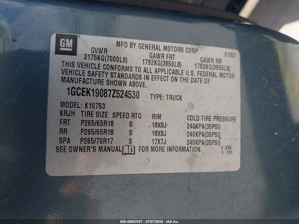 1GCEK19087Z524530 2007 CHEVROLET SILVERADO 1500 photo no. 9
