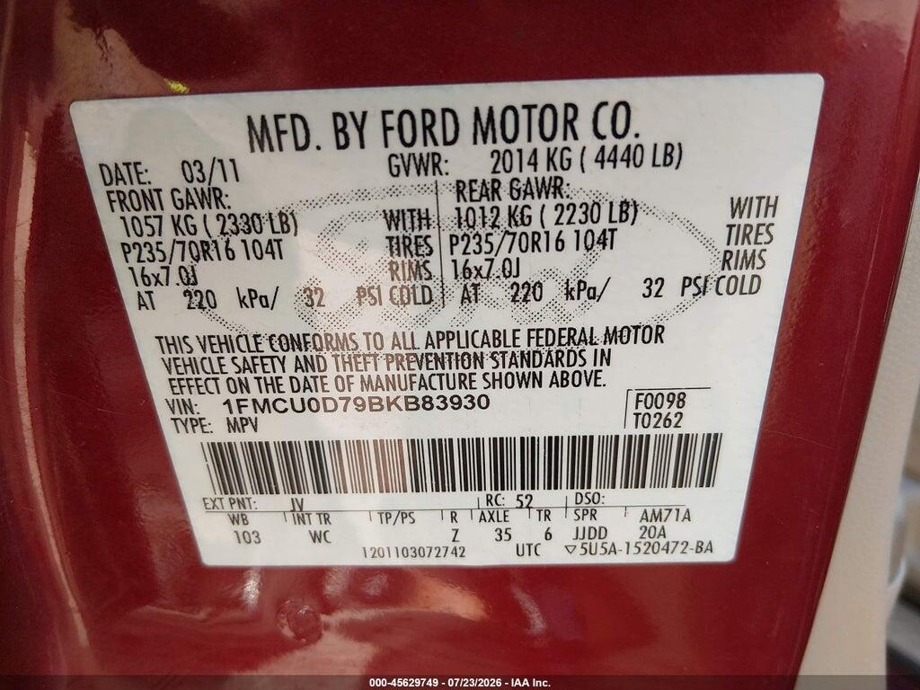 1FMCU0D79BKB83930 2011 FORD ESCAPE photo no. 9