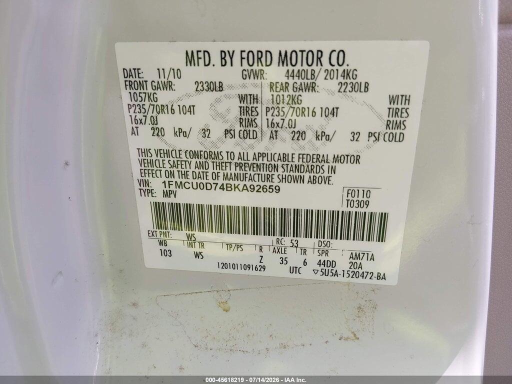 1FMCU0D74BKA92659 2011 FORD ESCAPE photo no. 9