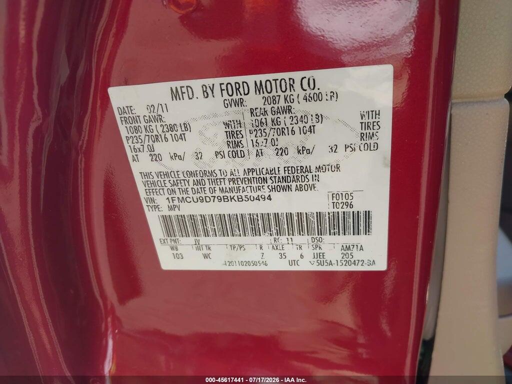 1FMCU9D79BKB50494 2011 FORD ESCAPE photo no. 9