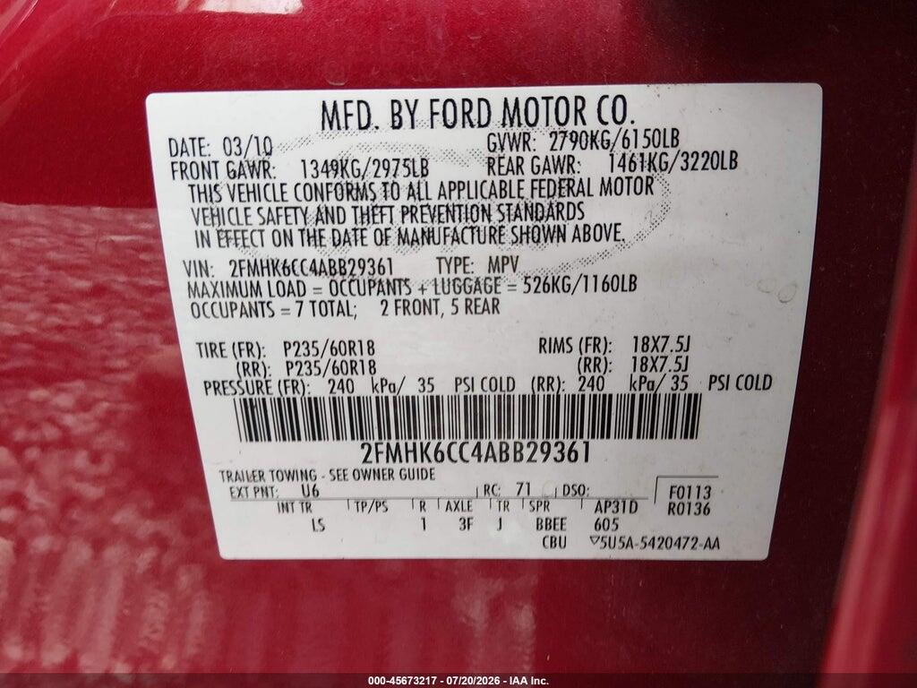 2FMHK6CC4ABB29361 2010 FORD FLEX photo no. 9