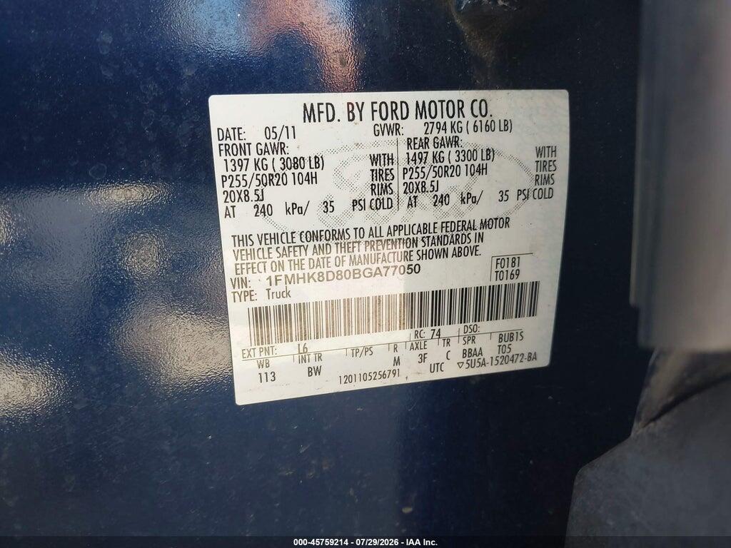 1FMHK8D80BGA77050 2011 FORD EXPLORER photo no. 9