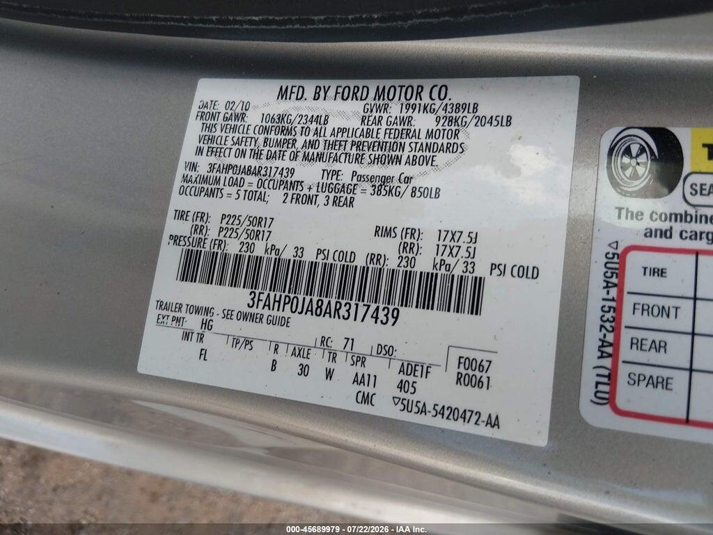 3FAHP0JA8AR317439 2010 FORD FUSION photo no. 9