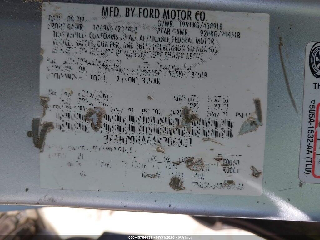 3FAHP0HA6AR206331 2010 FORD FUSION photo no. 9