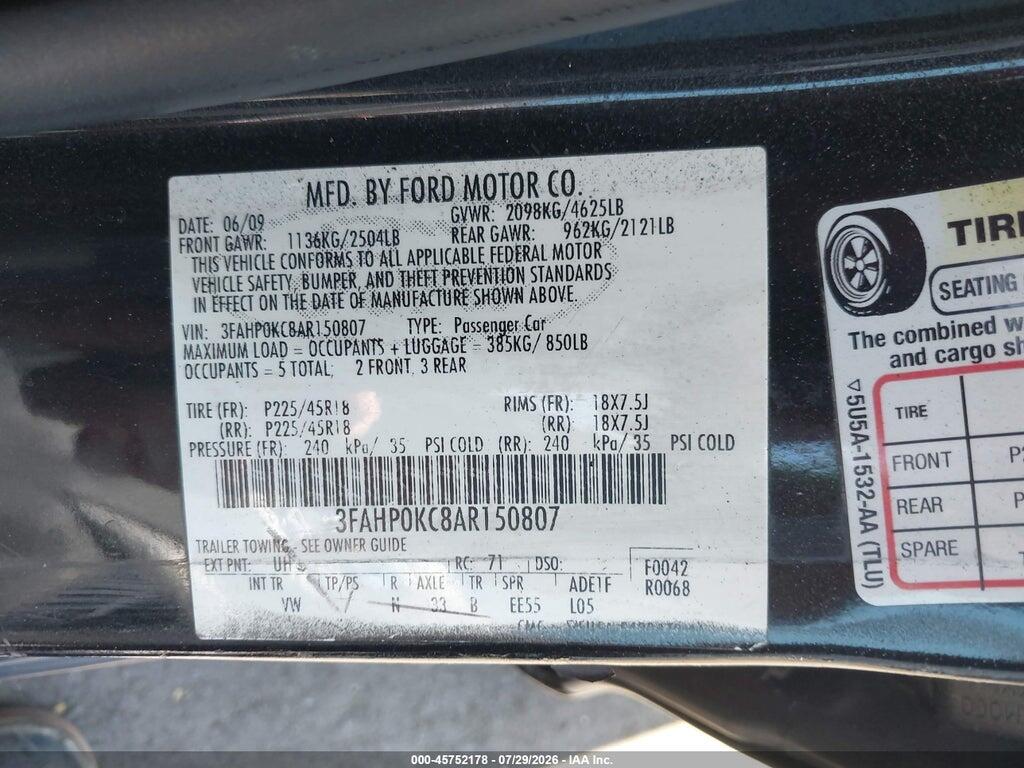 3FAHP0KC8AR150807 2010 FORD FUSION photo no. 9