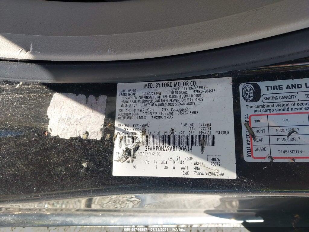 3FAHP0HA2AR190614 2010 FORD FUSION photo no. 9