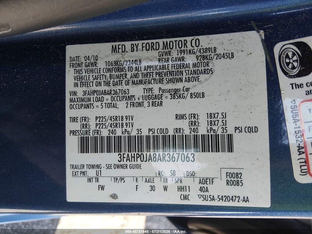 3FAHP0JA8AR367063 2010 FORD FUSION photo no. 9