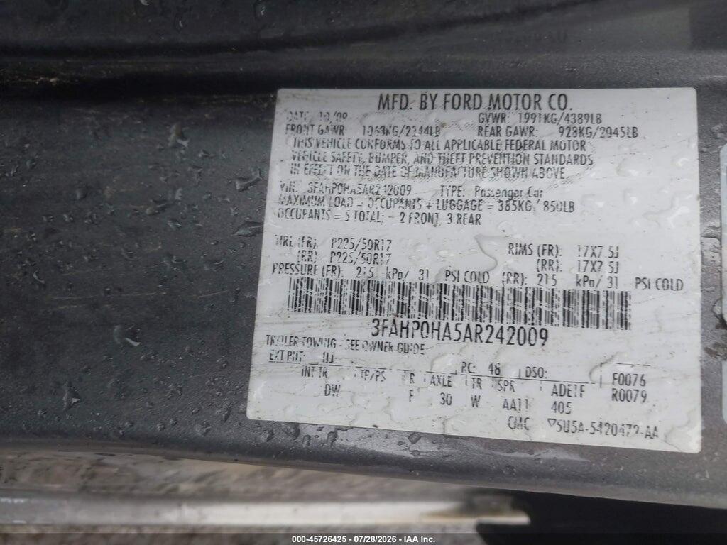 3FAHP0HA5AR242009 2010 FORD FUSION photo no. 9