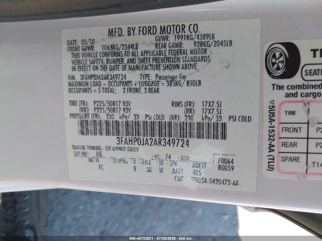 3FAHP0JA2AR349724 2010 FORD FUSION photo no. 9