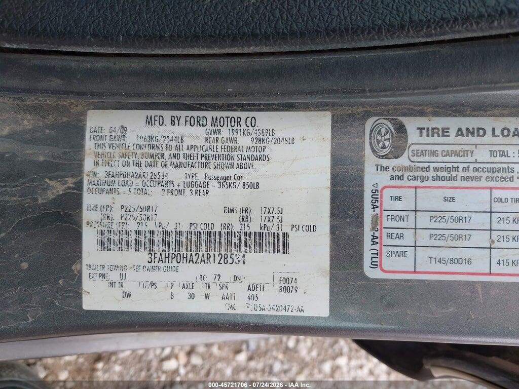 3FAHP0HA2AR128534 2010 FORD FUSION photo no. 9
