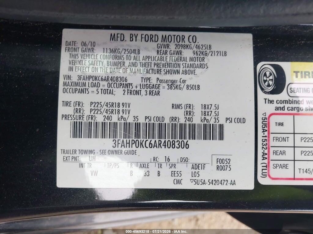 3FAHP0KC6AR408306 2010 FORD FUSION photo no. 9