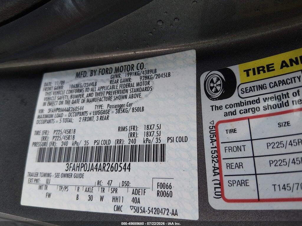 3FAHP0JA4AR260544 2010 FORD FUSION photo no. 9