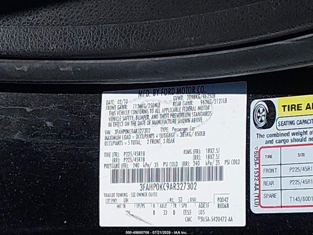 3FAHP0KC9AR327302 2010 FORD FUSION photo no. 9