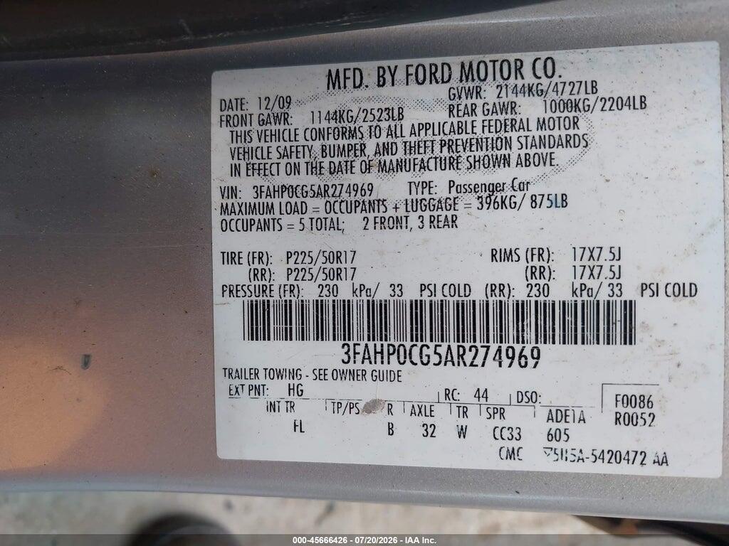 3FAHP0CG5AR274969 2010 FORD FUSION photo no. 9
