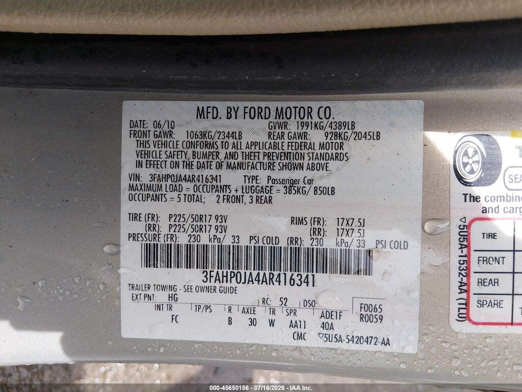 3FAHP0JA4AR416341 2010 FORD FUSION photo no. 9