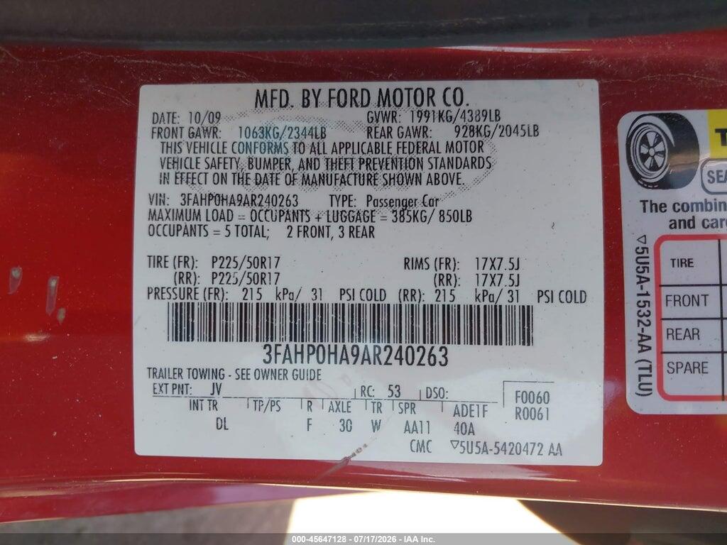 3FAHP0HA9AR240263 2010 FORD FUSION photo no. 9