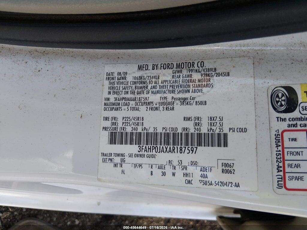 3FAHP0JAXAR187597 2010 FORD FUSION photo no. 9