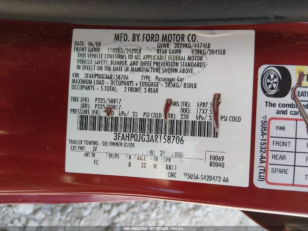 3FAHP0JG3AR158706 2010 FORD FUSION photo no. 9