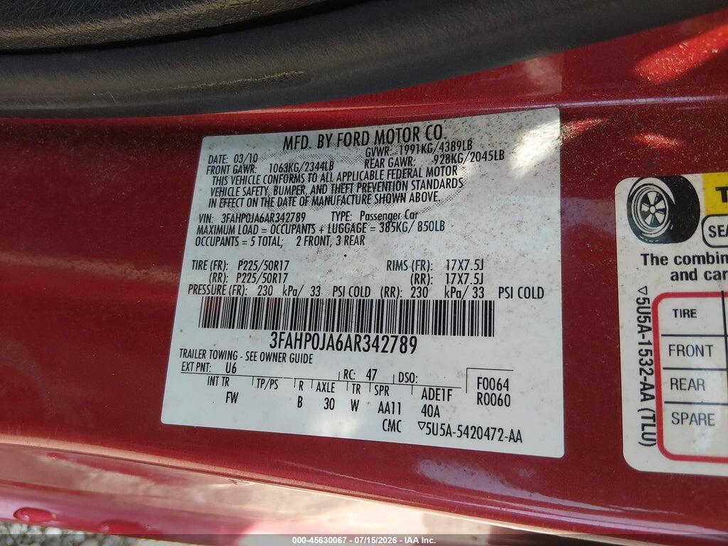 3FAHP0JA6AR342789 2010 FORD FUSION photo no. 9