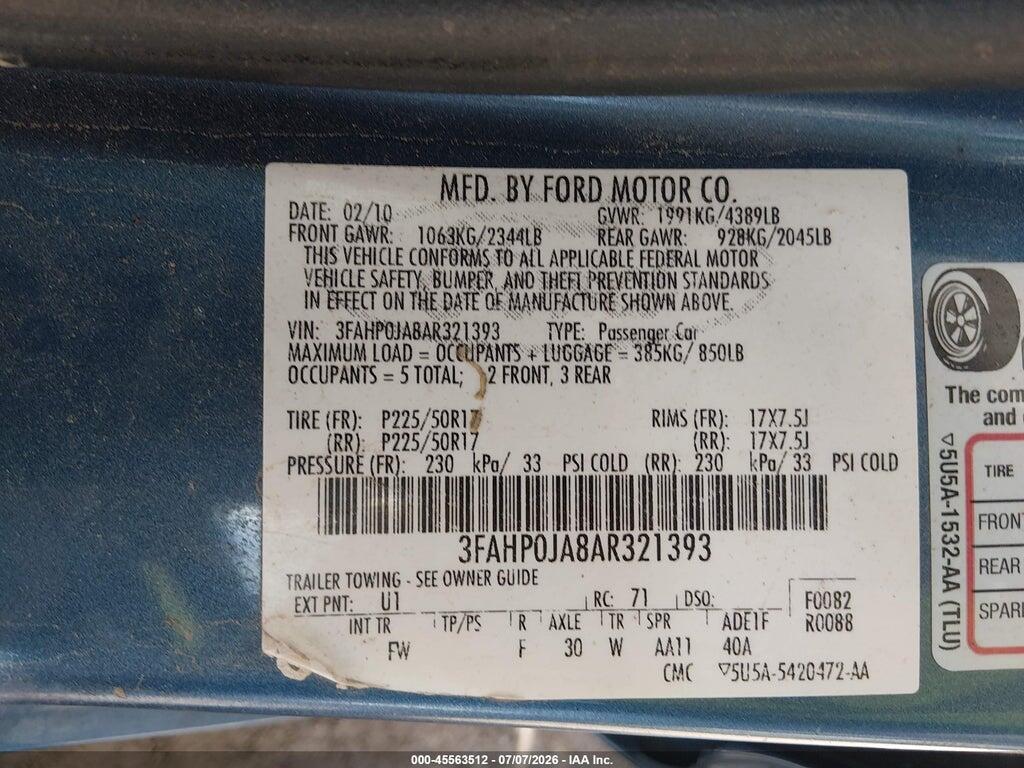 3FAHP0JA8AR321393 2010 FORD FUSION photo no. 9