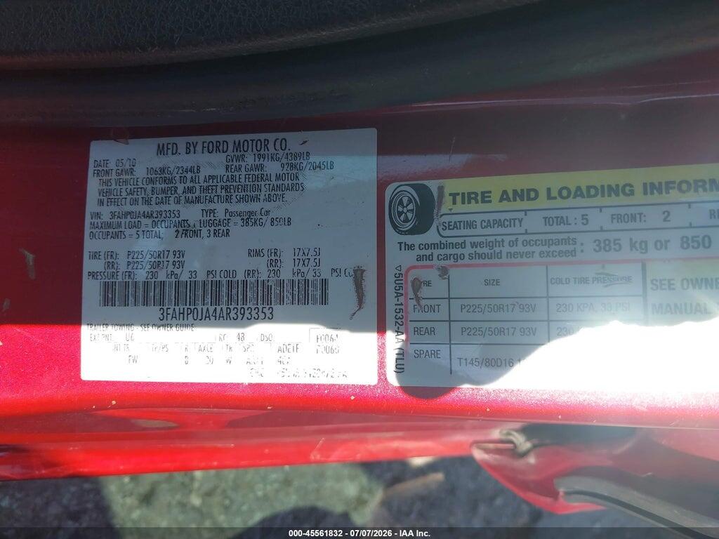 3FAHP0JA4AR393353 2010 FORD FUSION photo no. 9