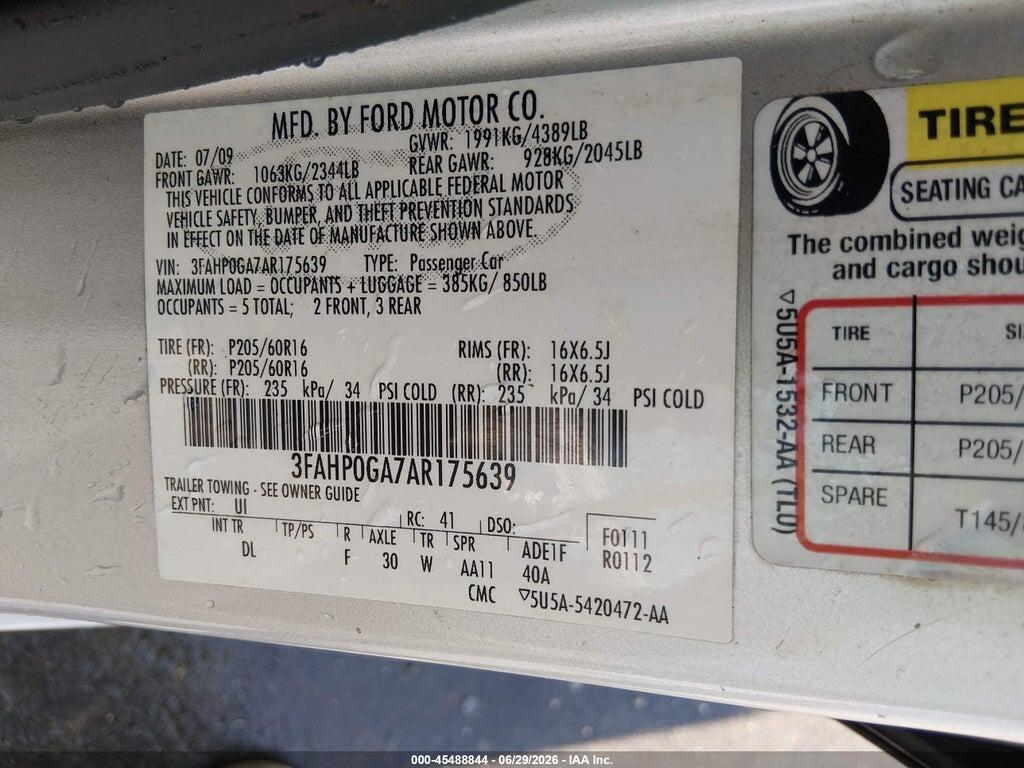 3FAHP0GA7AR175639 2010 FORD FUSION photo no. 9