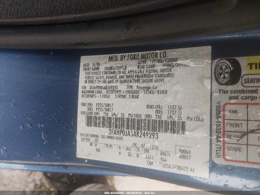 3FAHP0JA5AR249293 2010 FORD FUSION photo no. 9