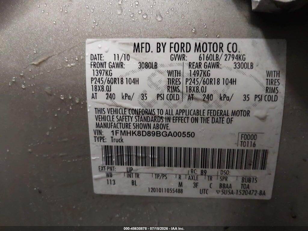 1FMHK8D89BGA00550 2011 FORD EXPLORER photo no. 9