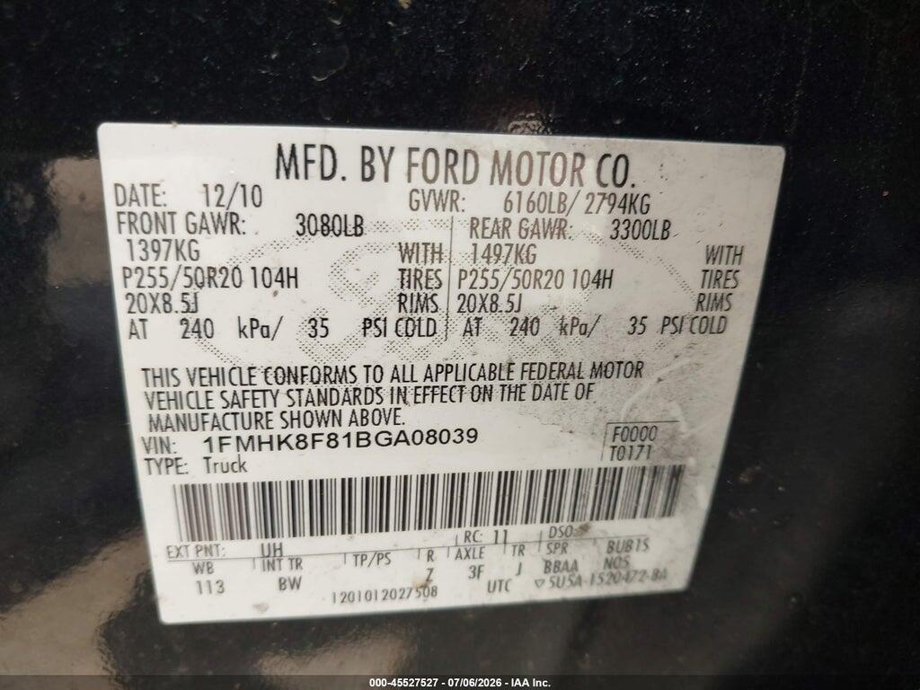 1FMHK8F81BGA08039 2011 FORD EXPLORER photo no. 9