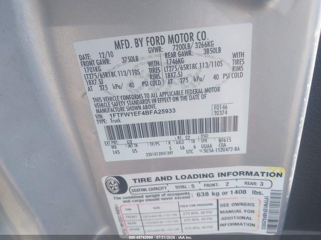 1FTFW1EF4BFA25933 2011 FORD F-150 photo no. 9