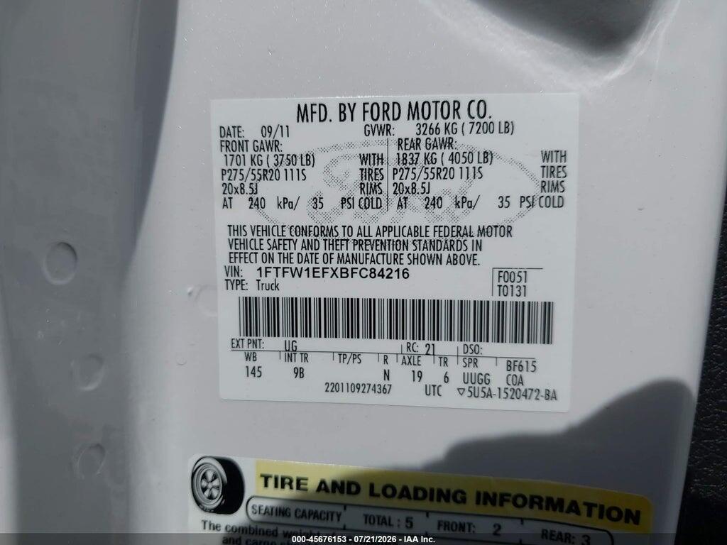 1FTFW1EFXBFC84216 2011 FORD F-150 photo no. 9