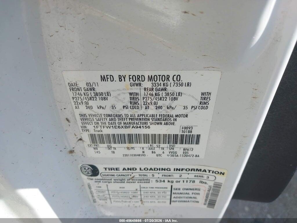 1FTFW1E6XBFA94156 2011 FORD F-150 photo no. 9
