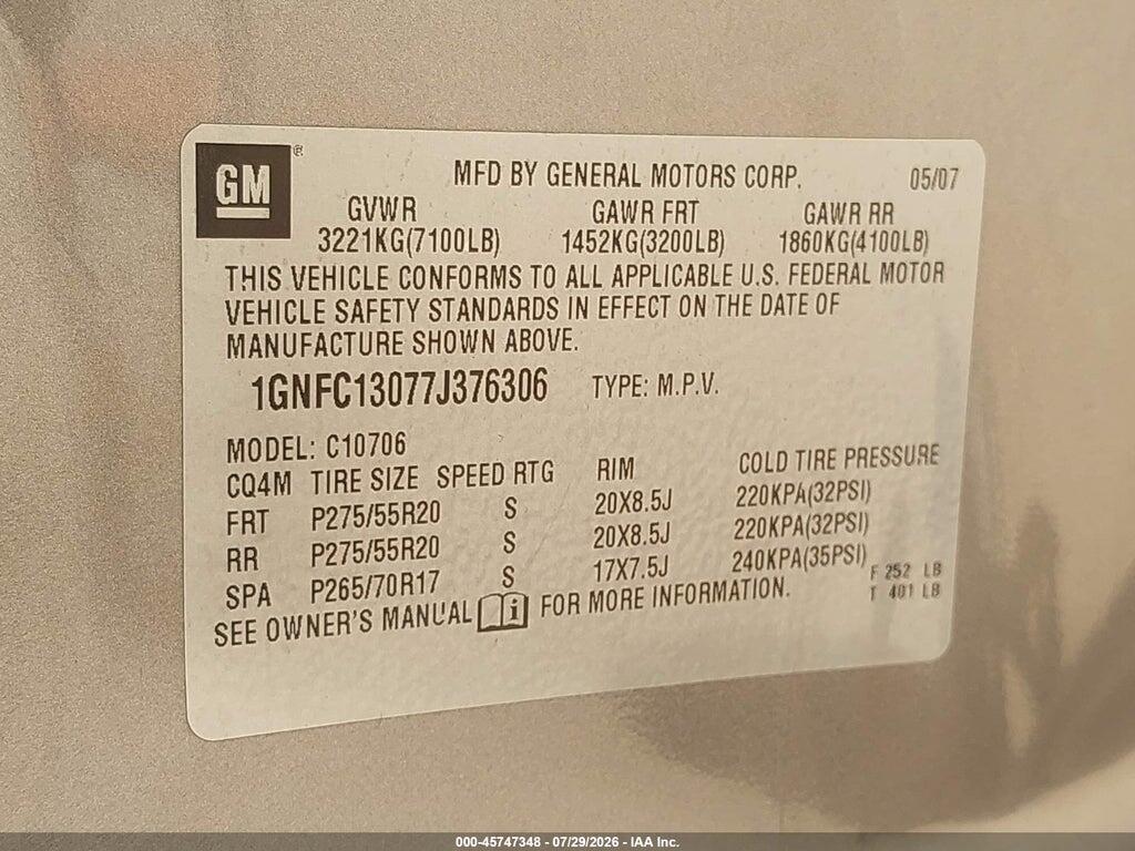 1GNFC13077J376306 2007 CHEVROLET TAHOE photo no. 9