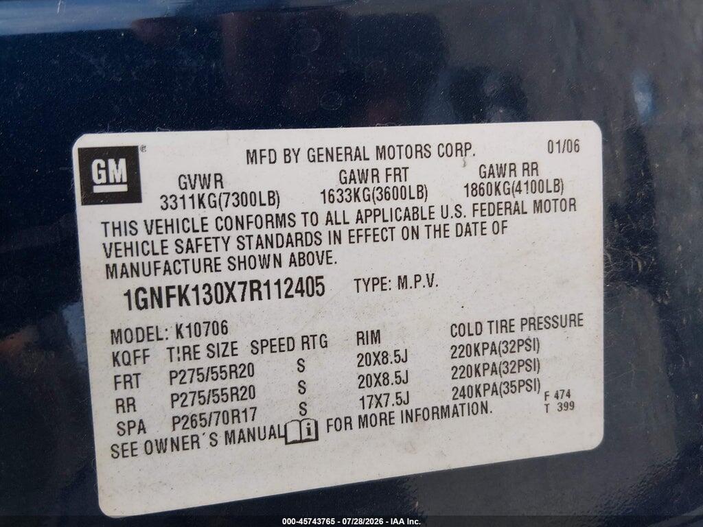 1GNFK130X7R112405 2007 CHEVROLET TAHOE photo no. 9